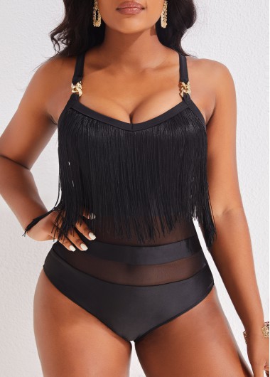 Black swimwear,Plain Color swimwear,ROTITA Mesh Tassel Black One Piece Swimwear