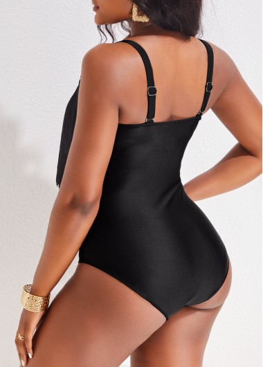 Black swimwear,Plain Color swimwear,ROTITA Mesh Tassel Black One Piece Swimwear