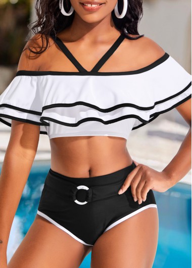White swimwear,Black swimwear,Plain Color swimwear,ROTITA Contrast Binding White Mid Waisted Bikini Set