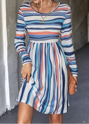 Multi Color dresses,Striped dresses,Geometric dresses,Striped Multi Color Round Neck Dress
