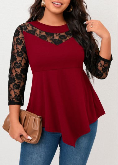 Wine Red plus size,Contrast Color plus size,Plus Size Lace Wine Red T Shirt