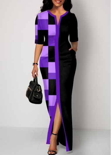Purple dresses,Black dresses,Geometric dresses,ROTITA Split Geometric Print Purple Maxi Dress