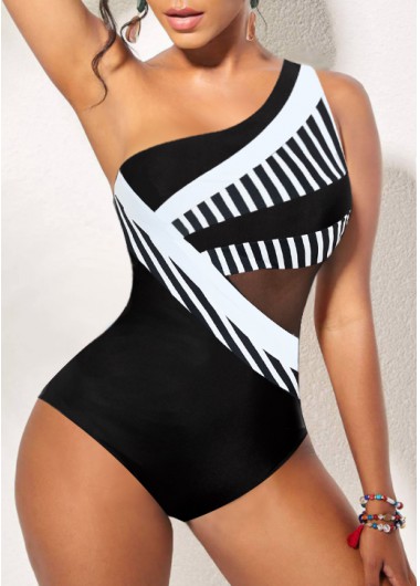 Black swimwear,White swimwear,Striped swimwear,Geometric swimwear,ROTITA Patchwork Black Striped One Piece Swimwear