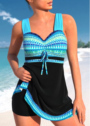 Cyan swimwear,Black swimwear,Tie Dye swimwear,ROTITA Bowknot Cyan Tie Dye Print Swimdress Top