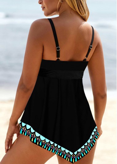 Black swimwear,Tribal swimwear,ROTITA Lace Up Black Tribal Print Swimdress Top
