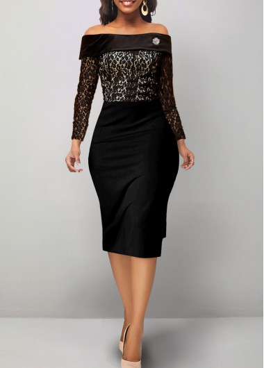 Black dresses,Plain Color dresses,ROTITA Lace Black Off Shoulder Long Sleeve Bodycon Dress