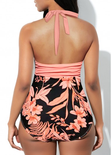 Pink swimwear,Floral swimwear,Plants swimwear,ROTITA Ruched Pink Floral Print One Piece Swimwear