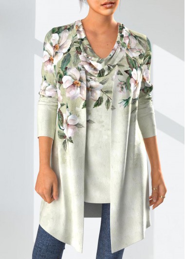 Sage Green tops,Floral tops,Plants tops,ROTITA Floral Print Sage Green Draped Neck Cardigan and Tank Top