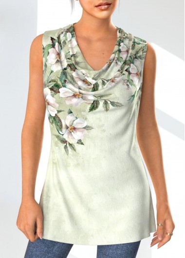 Sage Green tops,Floral tops,Plants tops,ROTITA Floral Print Sage Green Draped Neck Cardigan and Tank Top