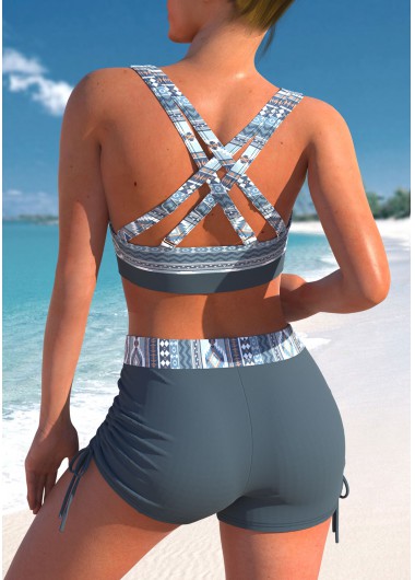 Dusty Blue swimwear,Tribal swimwear,Geometric swimwear,ROTITA Criss Cross Dusty Blue Tribal Print Bikini Top