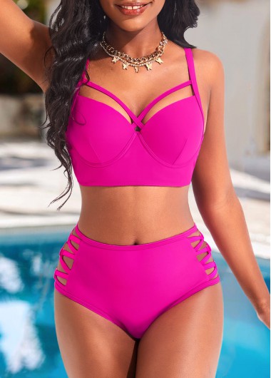 Hot Pink swimwear,Plain Color swimwear,ROTITA Metal Ring Hot Pink Mid Waisted Bikini Set