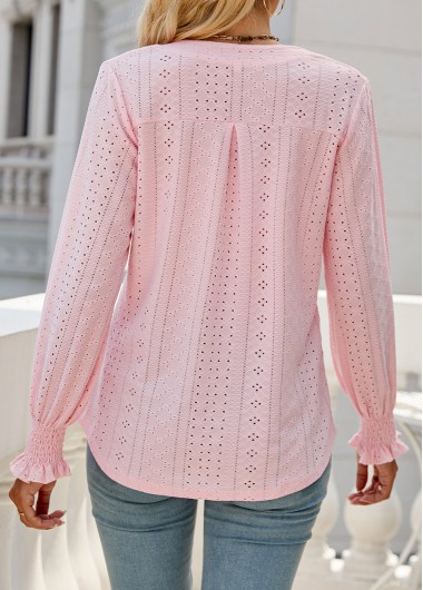 Light Pink tops,Plain Color tops,Breathable Light Pink Split Neck Long Sleeve Blouse
