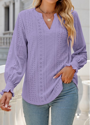 Neon Violet tops,Plain Color tops,Breathable Neon Violet Split Neck Long Sleeve Blouse