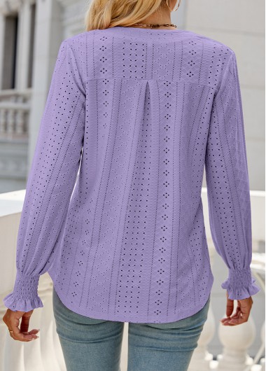 Neon Violet tops,Plain Color tops,Breathable Neon Violet Split Neck Long Sleeve Blouse