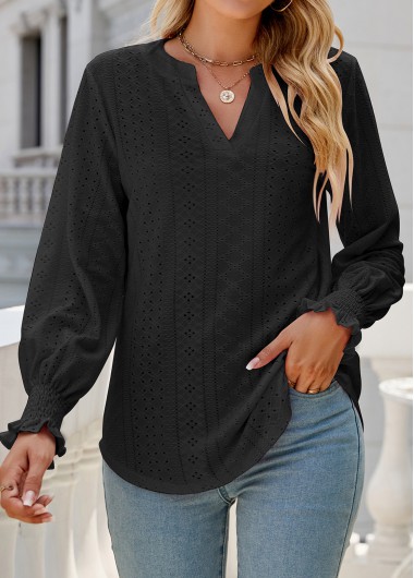 Black tops,Plain Color tops,Breathable Black Split Neck Long Sleeve Blouse