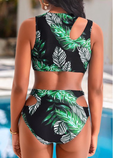 Black swimwear,Green swimwear,Plants swimwear,ROTITA Cut Out Black Leaf Print Mid Waisted Bikini Set