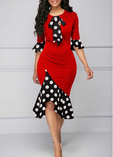 Red dresses,Dot dresses,Geometric dresses,ROTITA Polka Dot Red Tie Collar Mermaid Dress