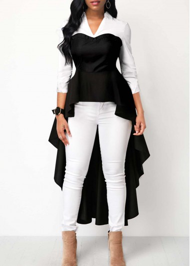 Black tops,White tops,Contrast Color tops,ROTITA Patchwork Black Polo Collar Dip Hem Blouse