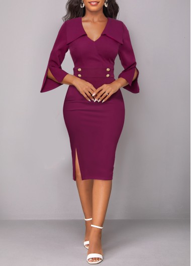Dark Reddish Purple dresses,Plain Color dresses,ROTITA Split Dark Reddish Purple Bodycon Dress