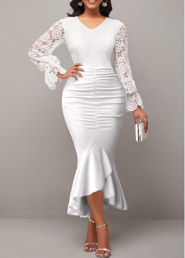 White dresses,Plain Color dresses,ROTITA V Neck White Lace Stitching Bodycon Dress