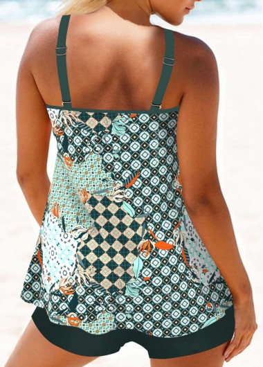 Green swimwear,Geometric swimwear,Floral swimwear,Plaid swimwear,Dot swimwear,ROTITA Metal Ring Green Geometric Print Tankini Top