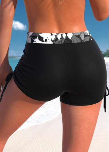 Black swimwear,Floral swimwear,Plants swimwear,ROTITA Black Floral Print Mid Waisted Swim Shorts