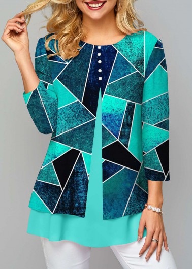 Cyan tops,Geometric tops,ROTITA Layered Geometric Print Cyan Round Neck Blouse