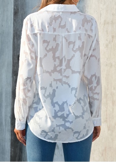 White tops,Plain Color tops,Jacquard White Shirt Collar Long Sleeve Blouse