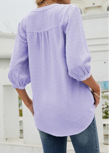 Light Purple tops,Plain Color tops,Light Purple 3/4 Sleeve Split Blouse