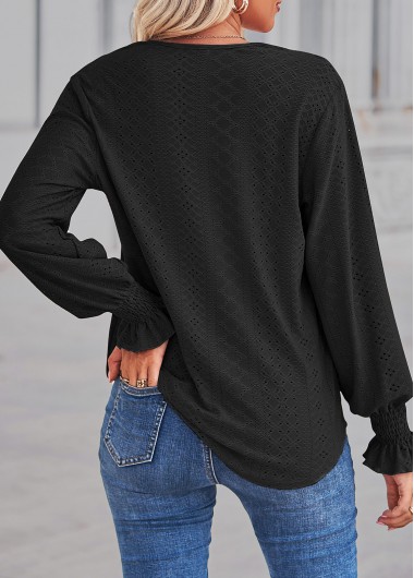 Black tops,Contrast Color tops,Lace Black V Neck Long Sleeve Blouse