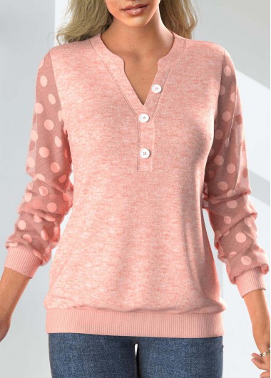 Pink tops,Plain Color tops,ROTITA Button Pink Split Neck Long Sleeve Sweatshirt