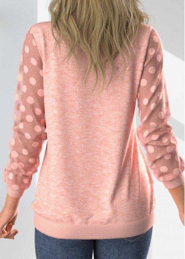 Pink tops,Plain Color tops,ROTITA Button Pink Split Neck Long Sleeve Sweatshirt