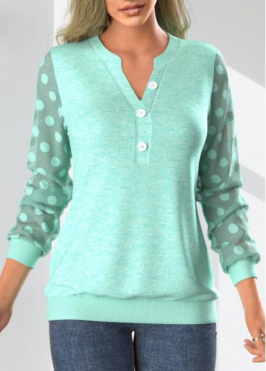 Mint Green tops,Plain Color tops,ROTITA Patchwork Mint Green Split Neck Long Sleeve Sweatshirt
