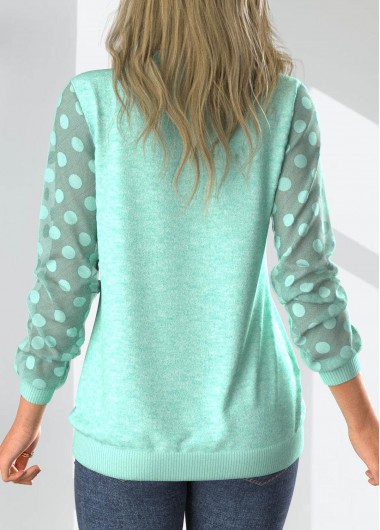 Mint Green tops,Plain Color tops,ROTITA Patchwork Mint Green Split Neck Long Sleeve Sweatshirt