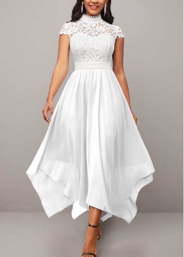 White dresses,Plain Color dresses,ROTITA Lace White Stand Collar Short Sleeve Dress