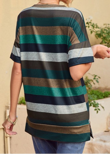 Multi Color tops,Striped tops,Geometric tops,Split Striped Multi Color Round Neck T Shirt