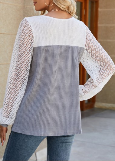 Light Grey tops,White tops,Contrast Color tops,Light Grey Round Neck Patchwork T Shirt