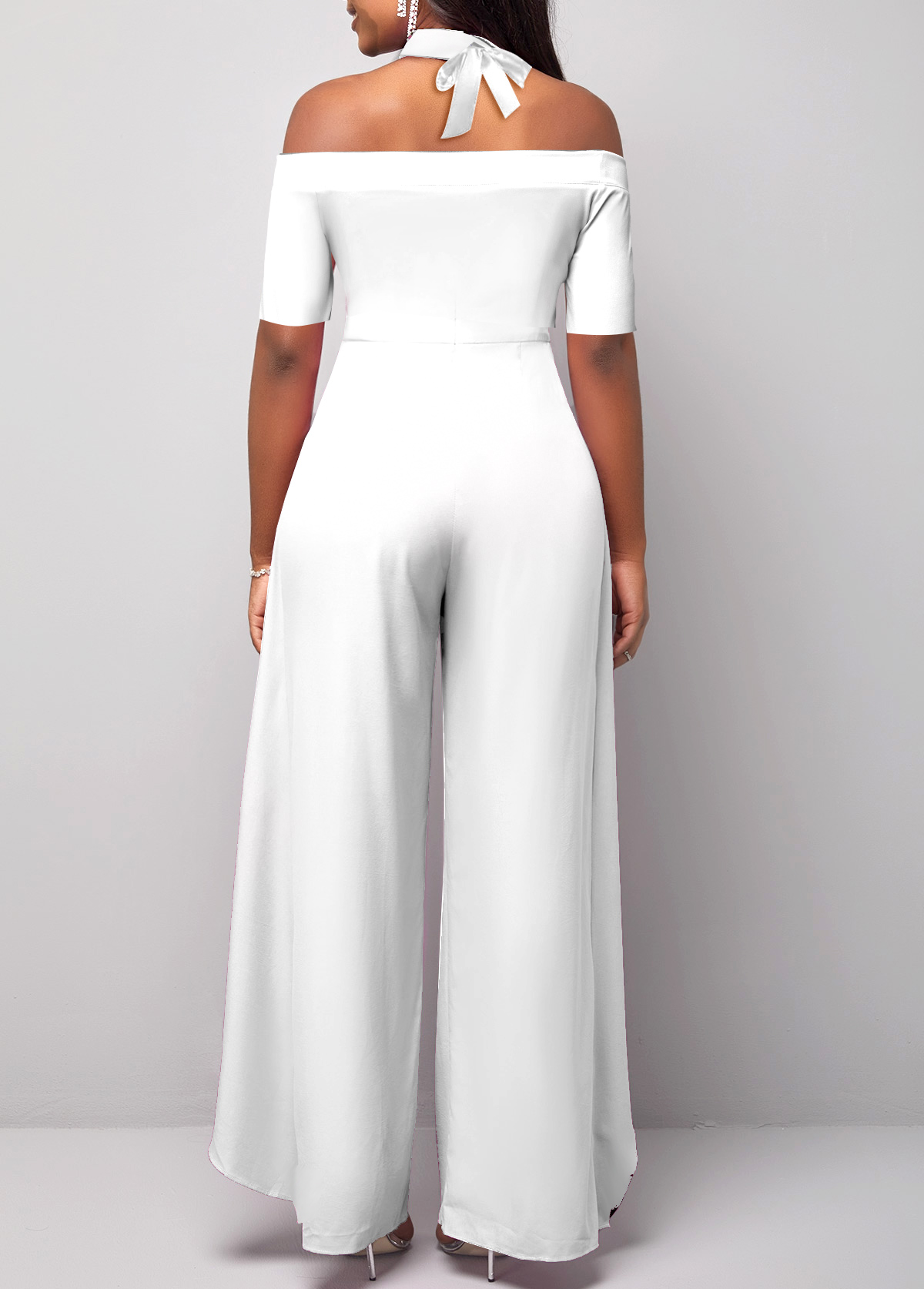 White jumpsuits & rompers,Plain Color jumpsuits & rompers,ROTITA Cold Shoulder Short Sleeve White Jumpsuit
