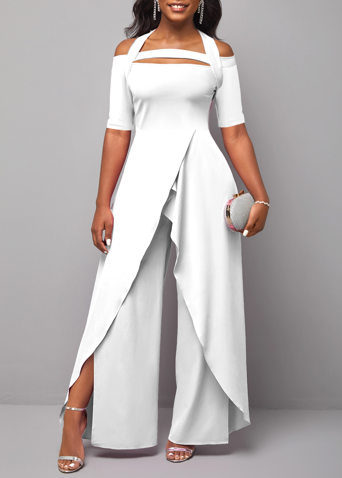 White jumpsuits & rompers,Plain Color jumpsuits & rompers,ROTITA Cold Shoulder Short Sleeve White Jumpsuit