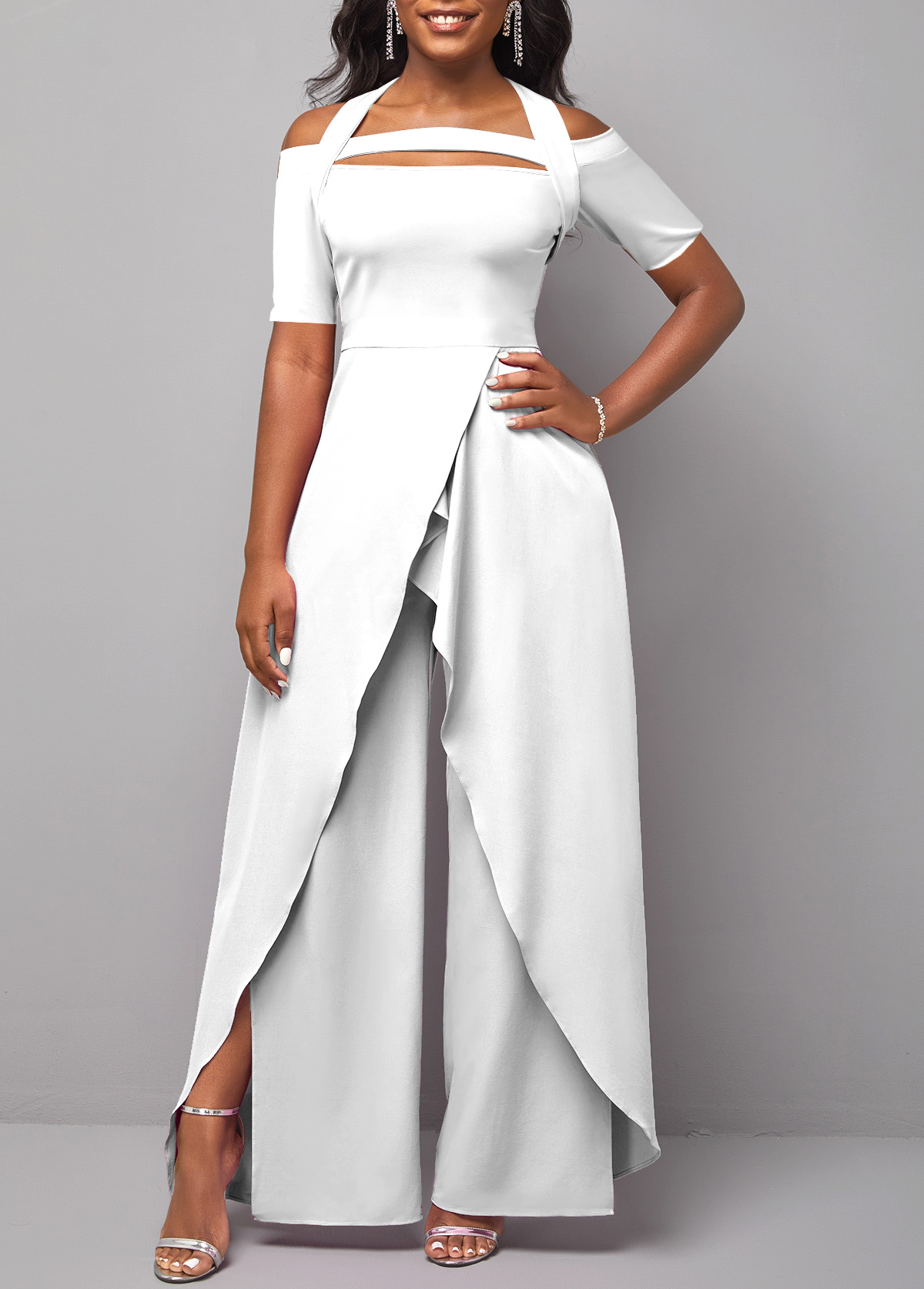 White jumpsuits & rompers,Plain Color jumpsuits & rompers,ROTITA Cold Shoulder Short Sleeve White Jumpsuit