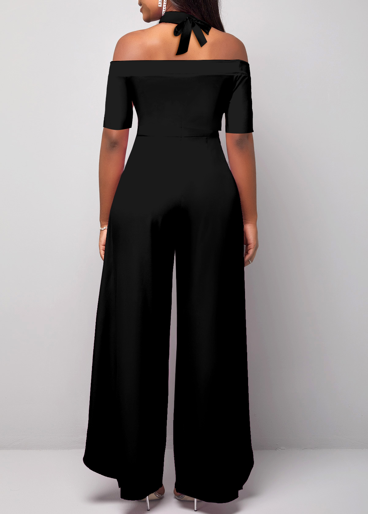 Black jumpsuits & rompers,Plain Color jumpsuits & rompers,ROTITA Cold Shoulder Black Short Sleeve Jumpsuit