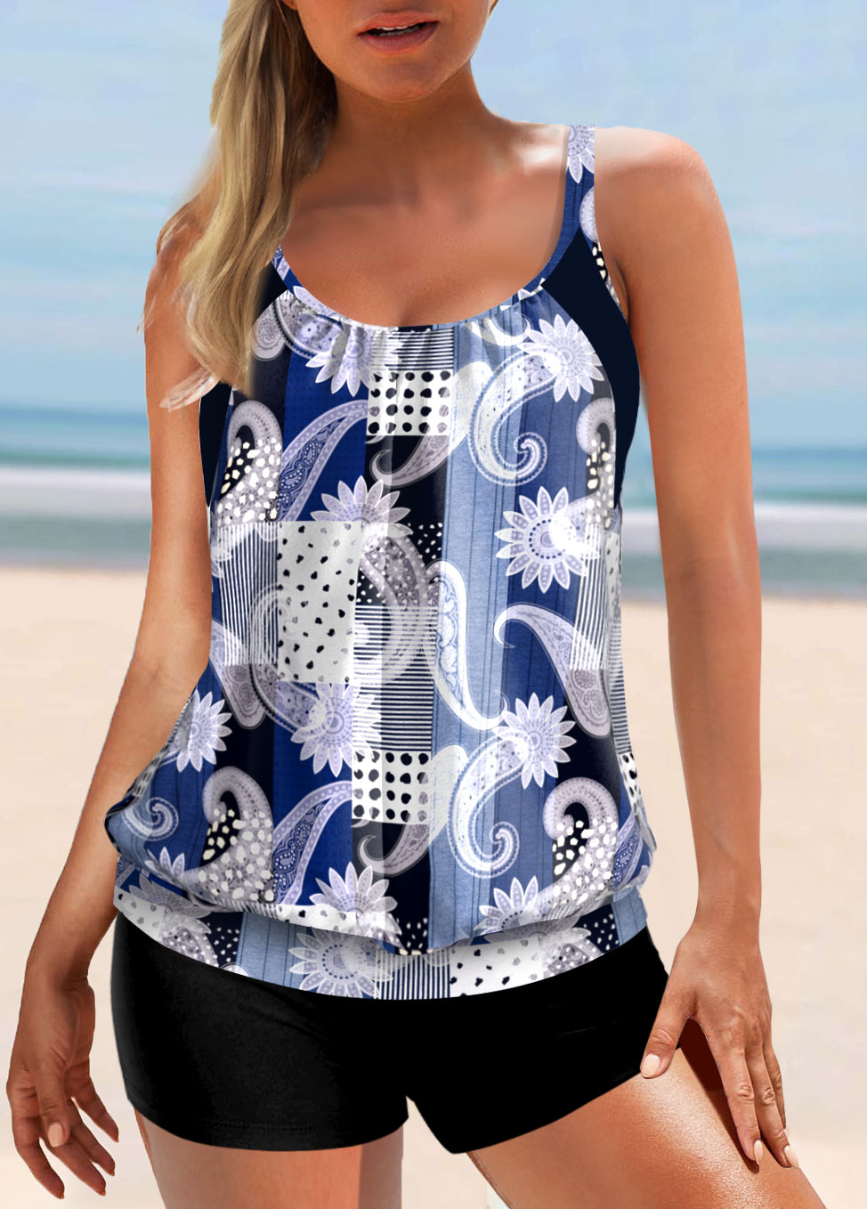 Blue swimwear,Paisley swimwear,ROTITA Wide Strap Paisley Print Blue Tankini Top