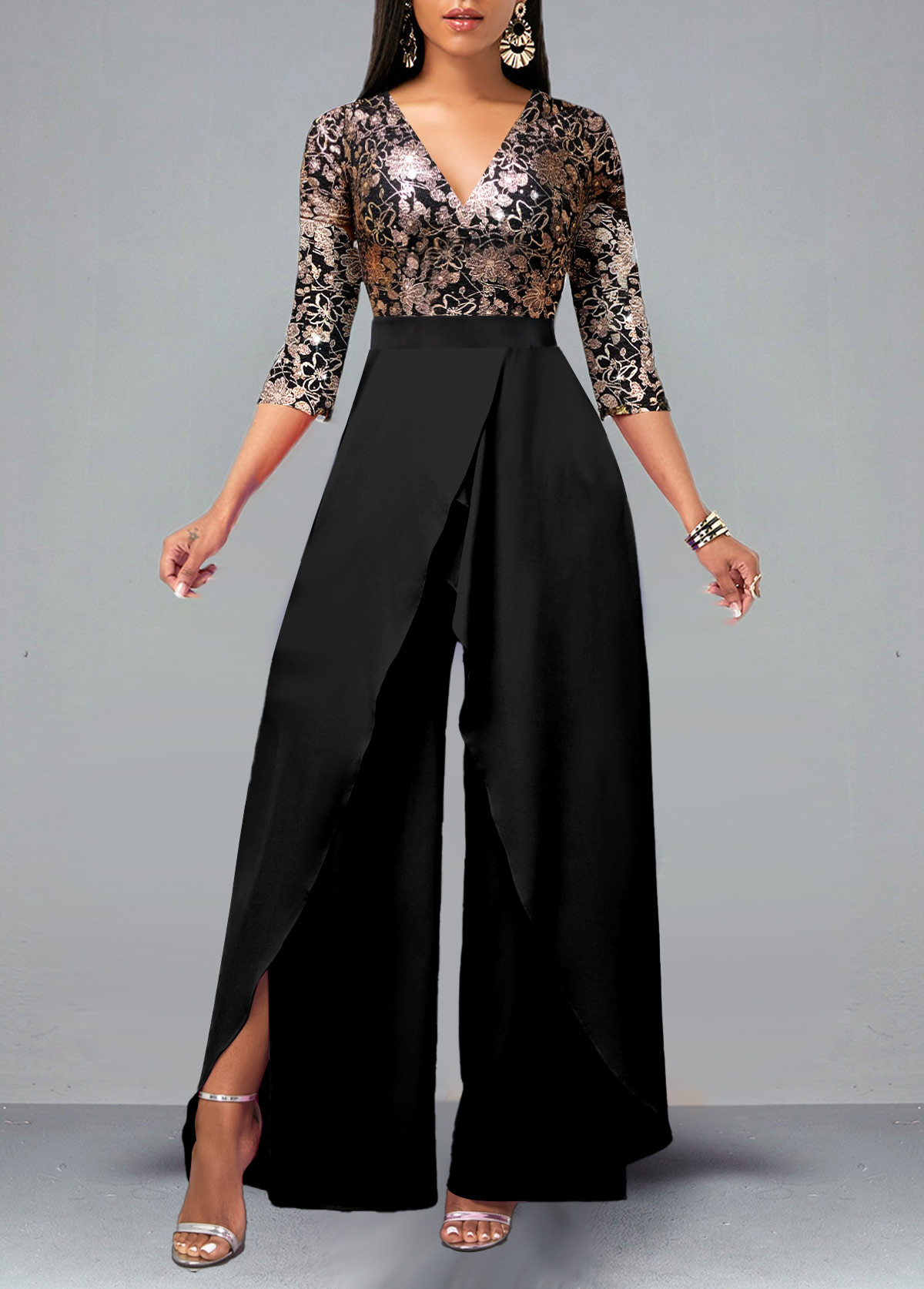 ROTITA Lace Patchwork Floral Print Black Jumpsuit