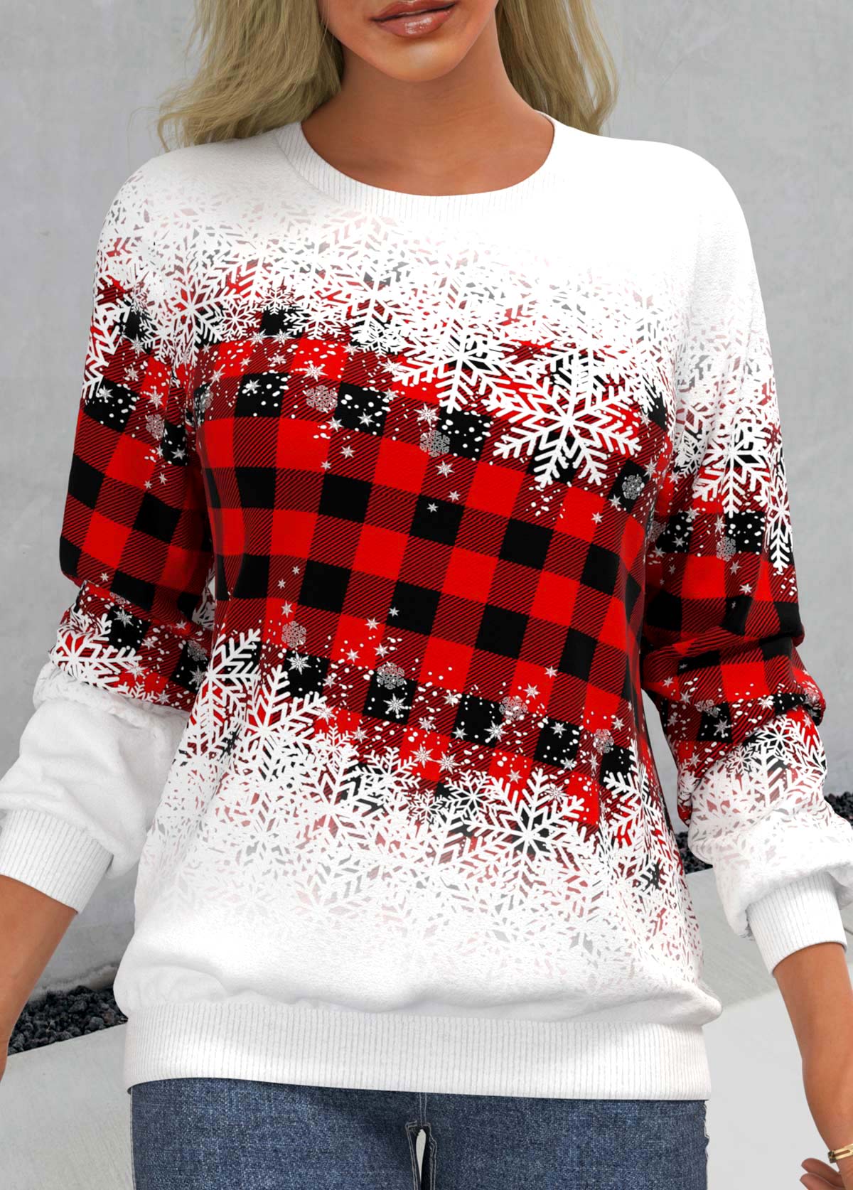 ROTITA Snowflake Print Red Round Neck Long Sleeve Sweatshirt