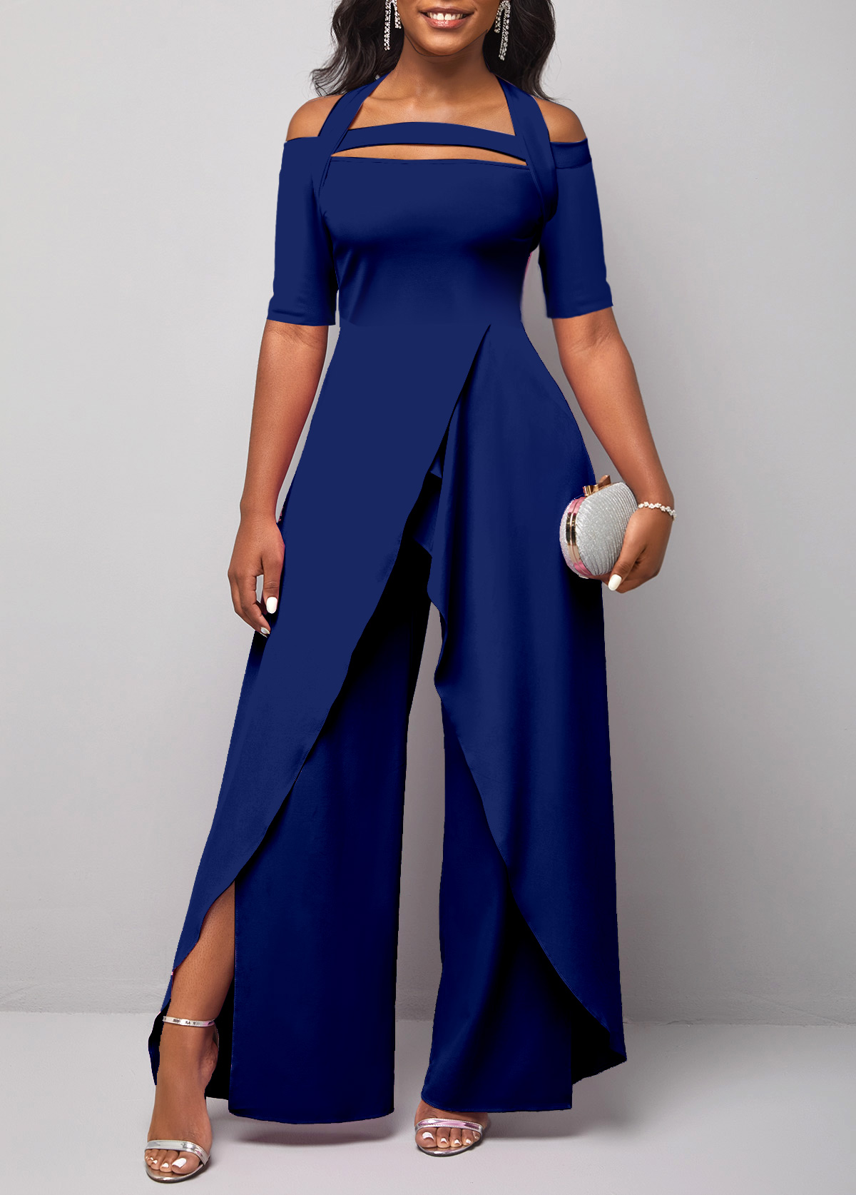 ROTITA Navy Halter Short Sleeve Cold Shoulder Jumpsuit