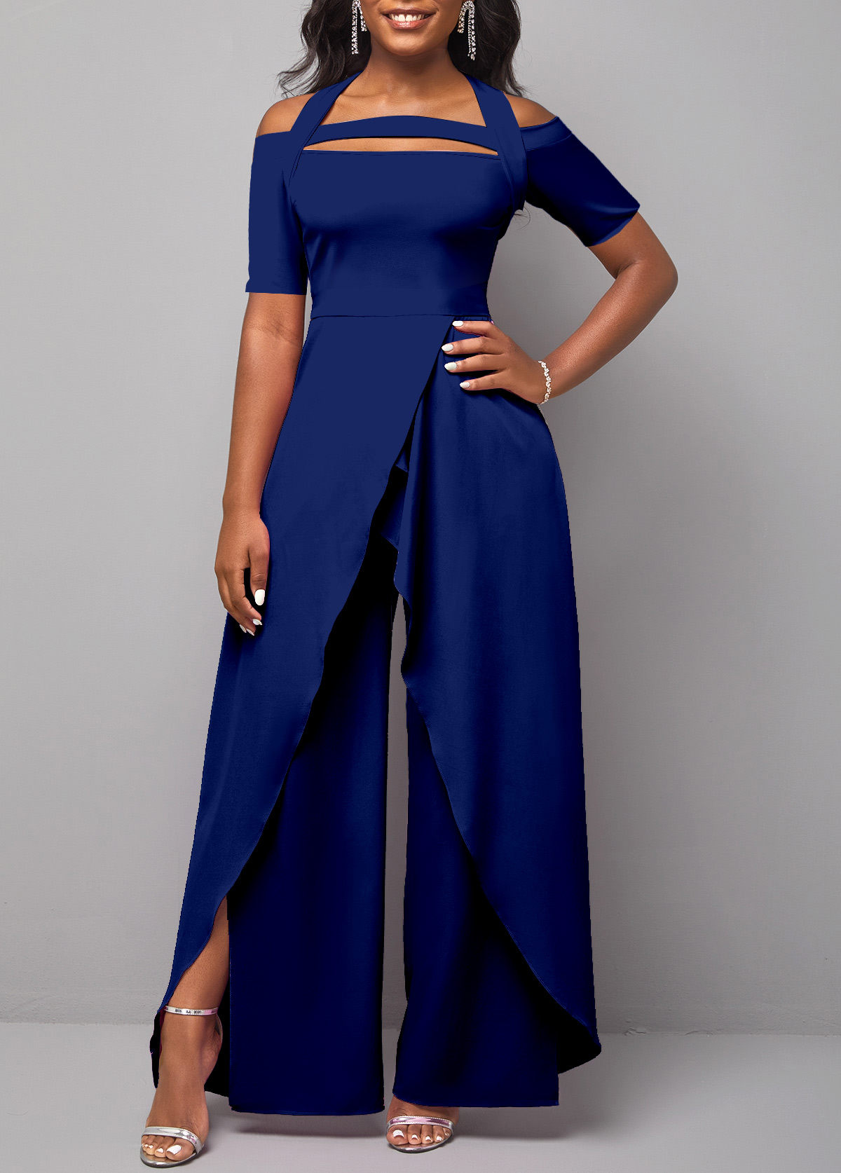 Navy jumpsuits & rompers,Plain Color jumpsuits & rompers,ROTITA Navy Halter Short Sleeve Cold Shoulder Jumpsuit