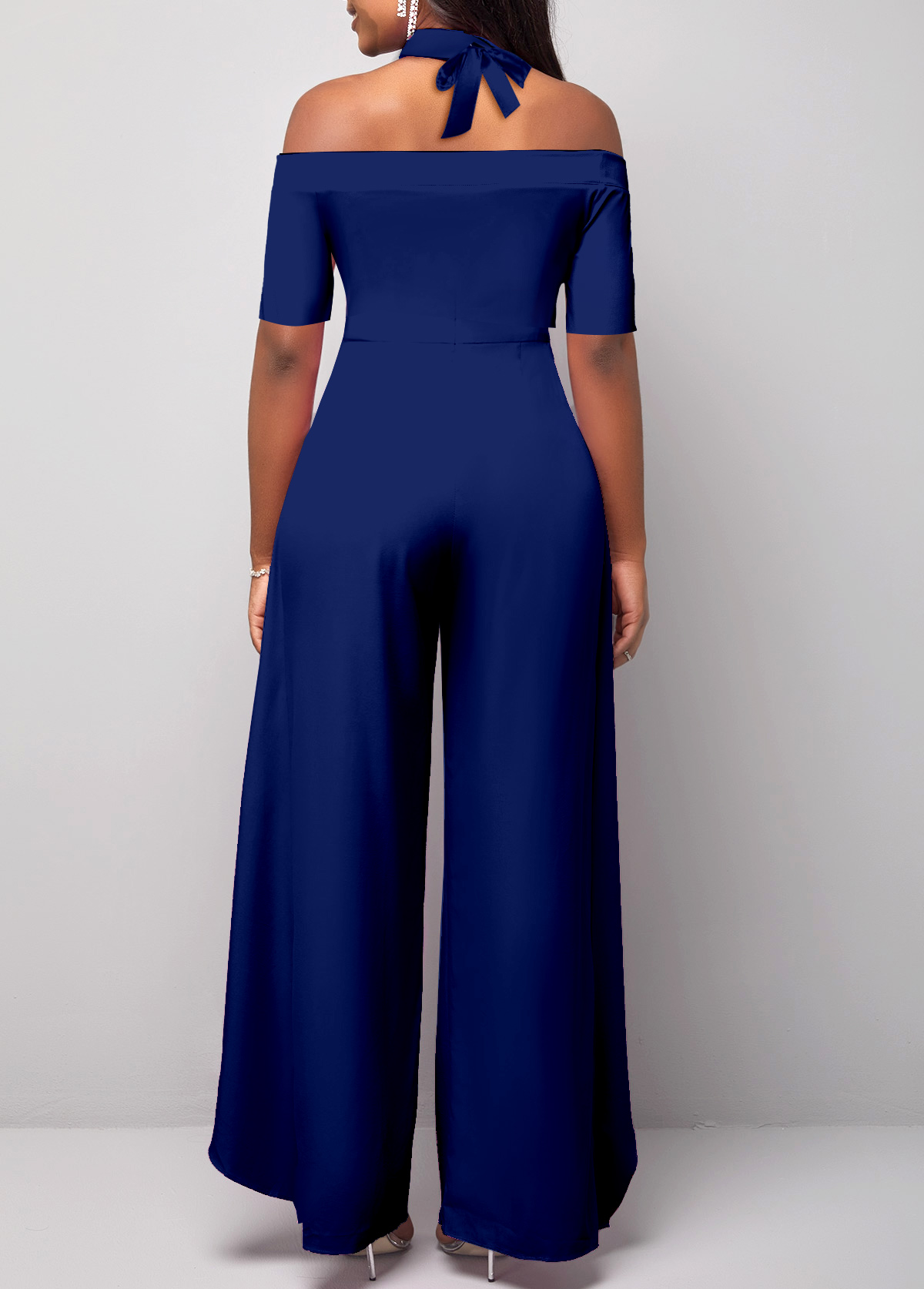 Navy jumpsuits & rompers,Plain Color jumpsuits & rompers,ROTITA Navy Halter Short Sleeve Cold Shoulder Jumpsuit
