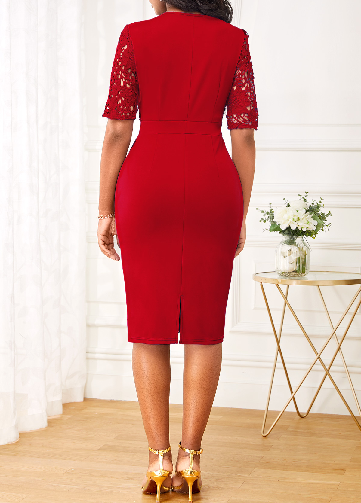Wine Red dresses,Plain Color dresses,ROTITA Patchwork Wine Red Split Neck Bodycon Dress