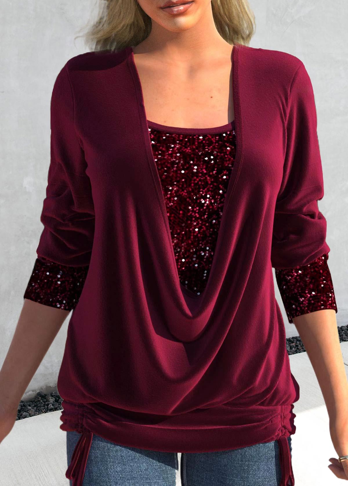 ROTITA Sequin Wine Red Square Neck T Shirt