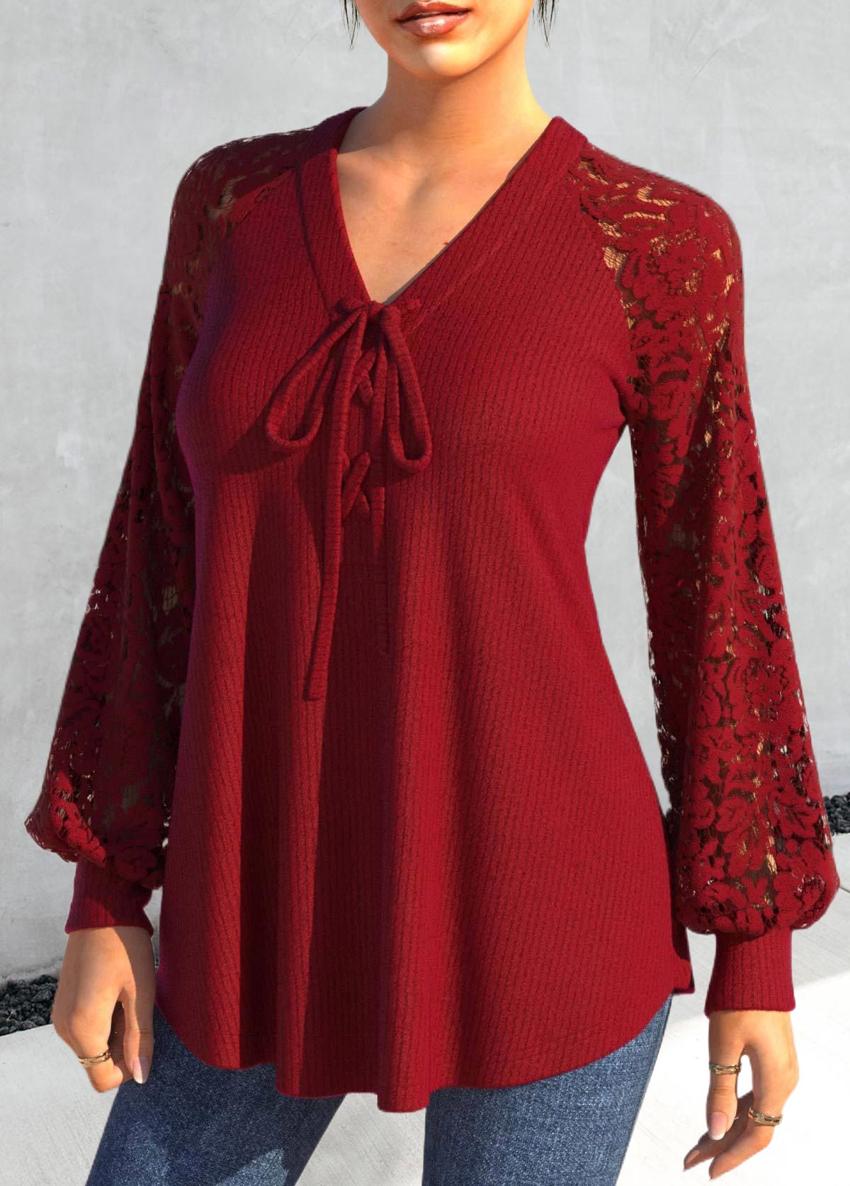 Red tops,Plain Color tops,ROTITA Lace V Neck Red Long Sleeve Blouse
